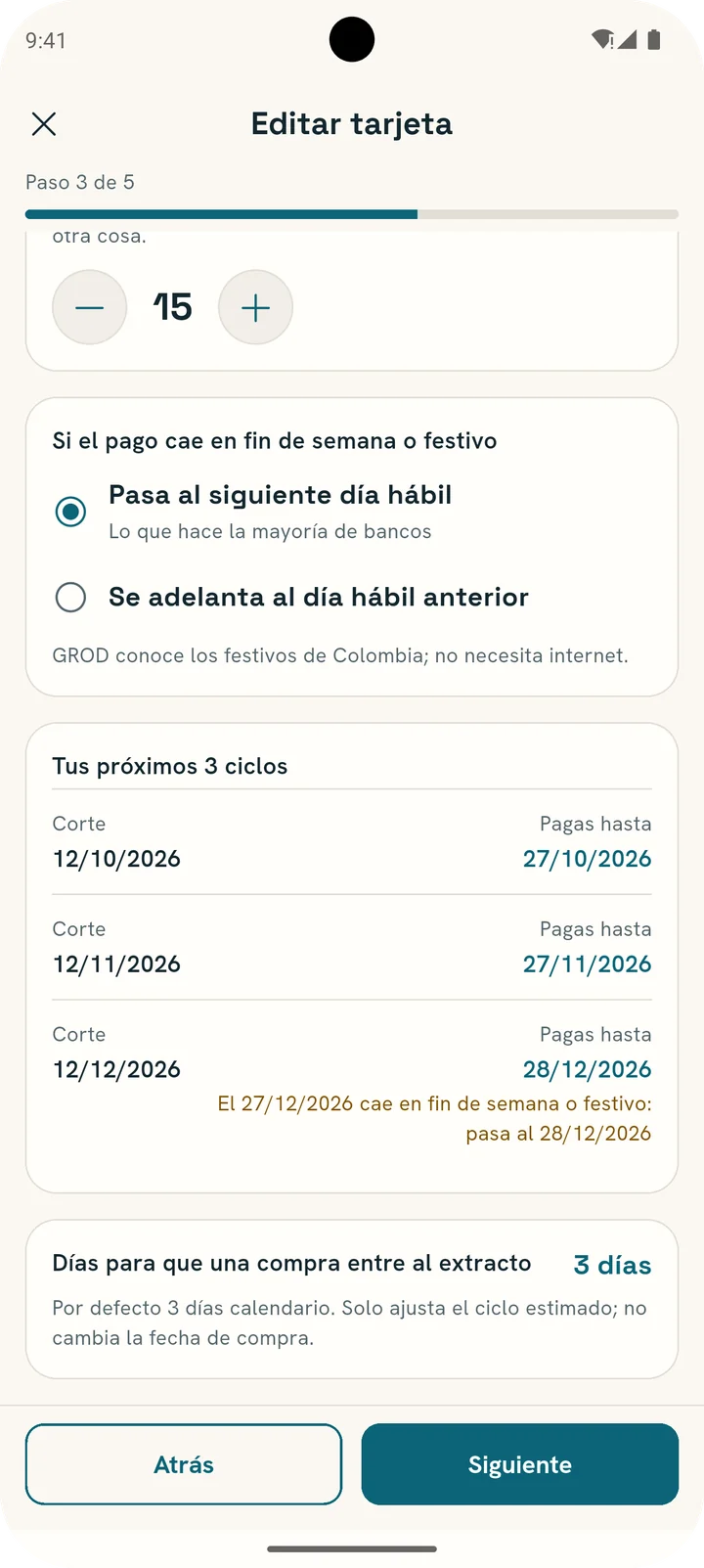 Paso del ciclo de la tarjeta en GROD: próximos tres cortes con su fecha límite; el 27 de diciembre cae en festivo y pasa al 28.