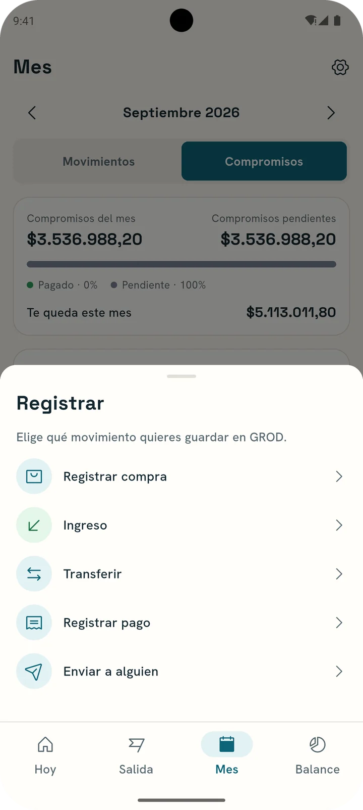 Hoja Registrar: registrar compra, ingreso, transferir, registrar pago y enviar a alguien.